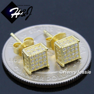 925 Sterling Silver Icy Bling Cz Gold Plated 6mm Square 3d Stud Earring