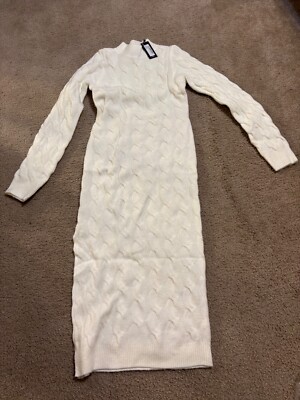 Pretty Little Thing White Cable Knit Maxi (Midi) Dress Womens UK Size M