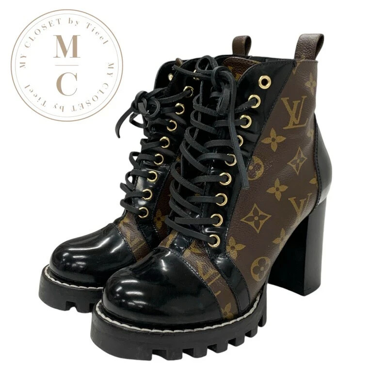 LOUIS VUITTON MA0220 Monogram Lace up Boots 36 Black x Brown