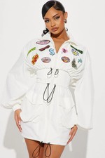 Fashion Nova “ Lucid Poise”  mini dress Size Small  White With Retro Patches 