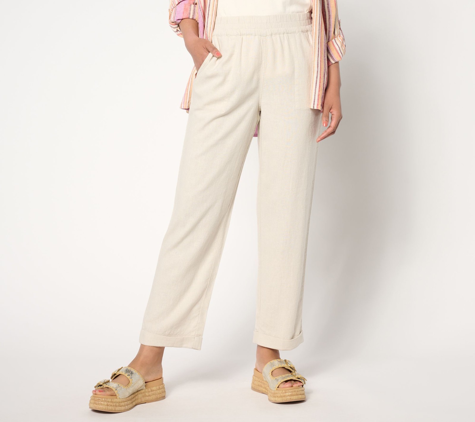 Denim & Co. Women's Petite Pants PXL Naturals Linen Blend Straight White A647756