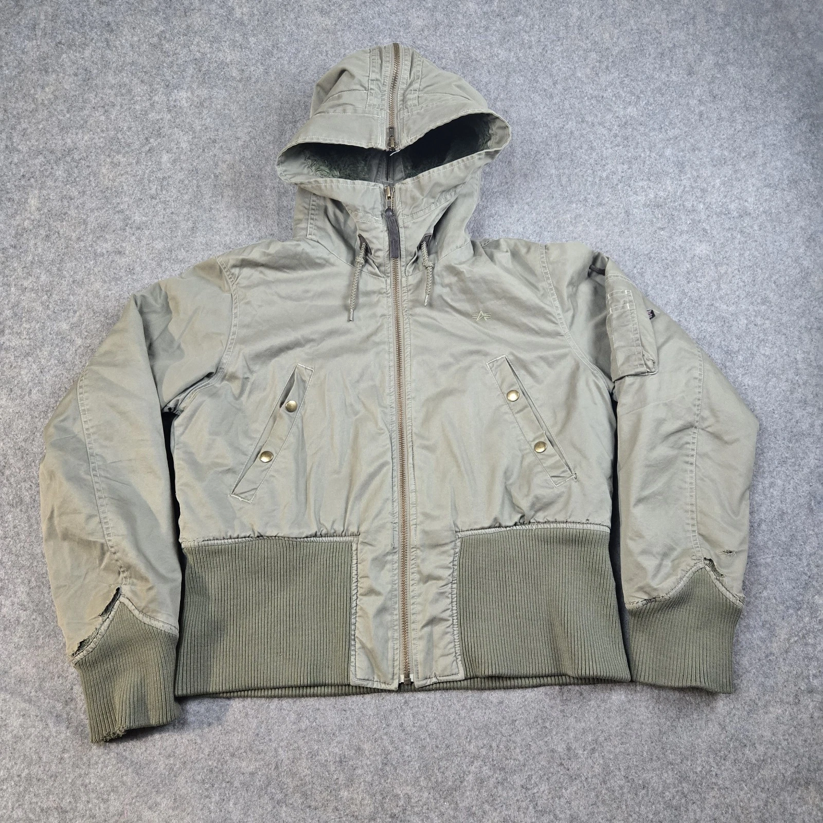 Vintage Alpha Industries Jacket Womens Large Green Bomber Military Distressed 90