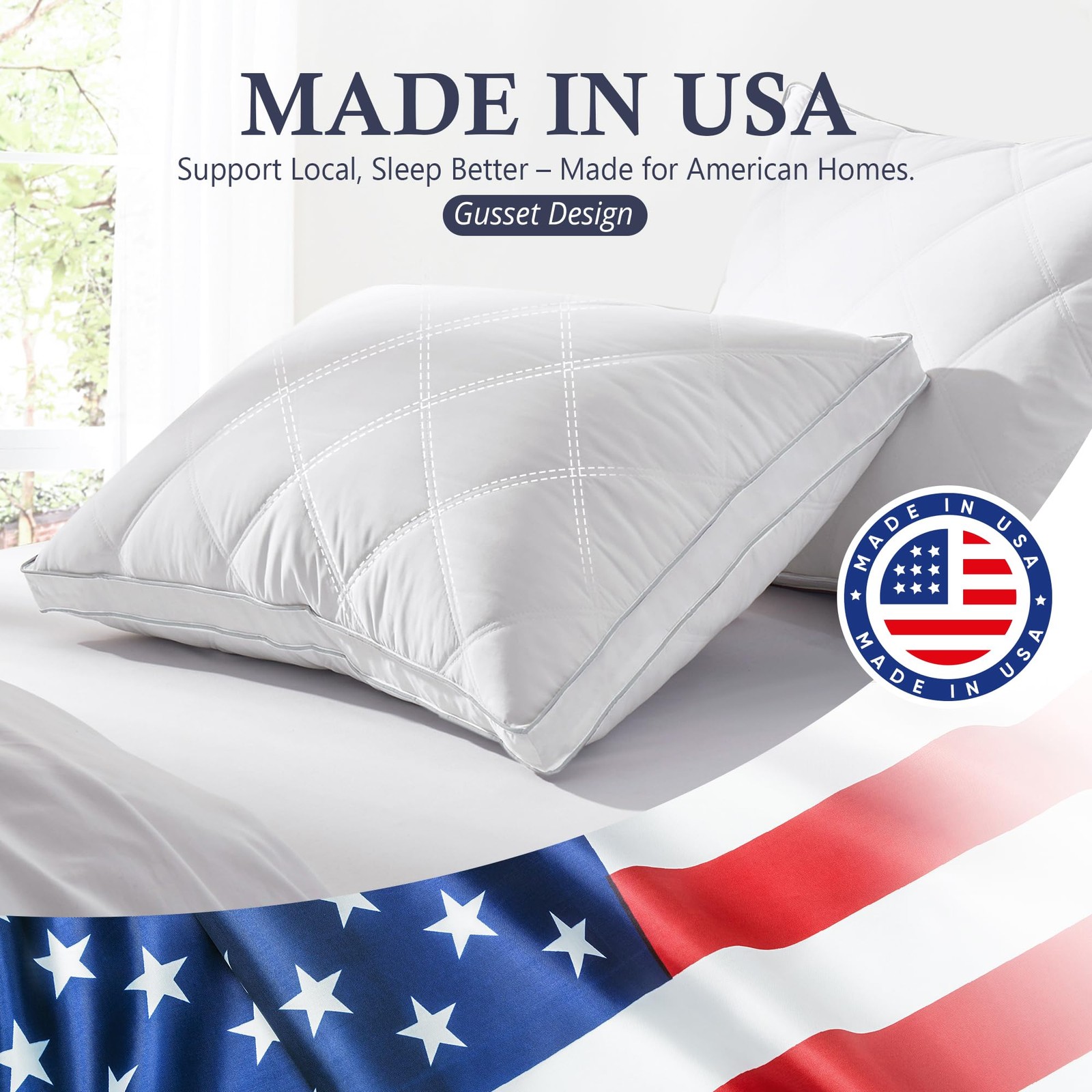 ® Made in USA Goose Feathers and Down Gusseted Pillows, 100% Cotton Cover, Pi...