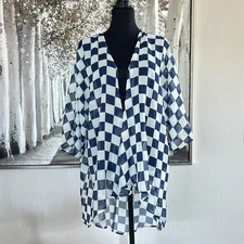 LuLaRoe Womens Lindsay Blue Cream Checkered Lightweight Sheer Kimono - Size M