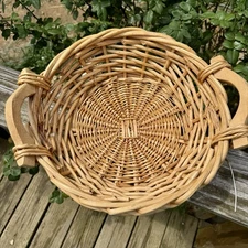 Rattan Storage Tray Round Basket Wood Handle Woven Wicker Decor Vintage 16”