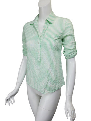J CREW Mint Green White Stripe 1/2 Button Rolled Sleeve Blouse sz 00
