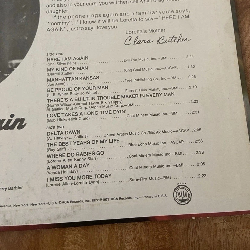 Loretta Lynn Here I Am Again’ Vinyl Record Album MCA Records 1972 Decca Foto 3 de 4