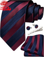 Mens Burgundy Navy Blue Striped Tie and Pocket Square Set Silk Necktie Handke...