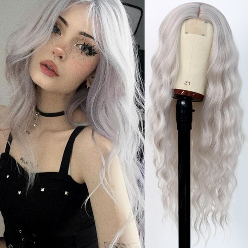 Silver Long Wavy Grey Wig for Women - Curly Gray Synthetic Loose Wave Platinu...