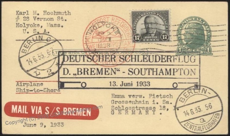 USA 1933 Bremen Schleuderflug Catapult K144 Cover Airmail Germany Grossen 116203