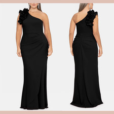 NEW $298 XSCAPE [ PLUS 16W ] Ruffled Detail One Shoulder Gown in Black #S2048