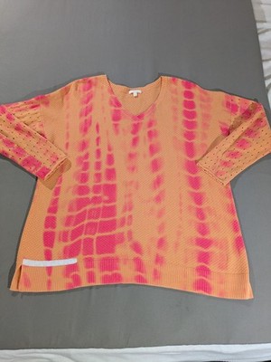 Lisa Todd Sweater Womens 1X Orange Tie Dye V Neck Waffle Knit Psychedelic $250