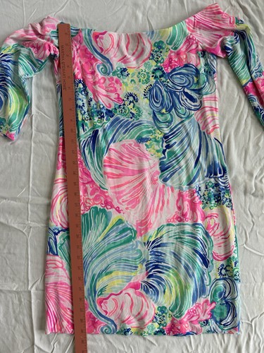 Abito in maglia Lily Pulitzer piccolo Calico stampa conchiglia spalle scoperte nuovo senza etichette! - Foto 4 di 5
