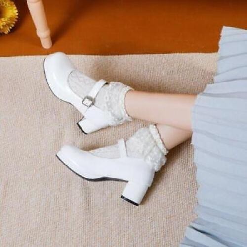 Women's Shiny Faux Leather Mary Janes Dress Casual Round Toe Block Heels Shoes - Picture 9 of 20