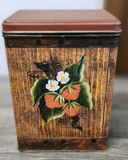Vtg JL Clark Tin Canister Strawberries Faux Wood Grannycore