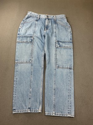 Etica Pax Midrise Cargo Jeans Womens 28 Blue Light Wash Wide Leg Crop Denim