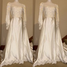 Vintage Sain Wedding Dresses Long Sleeves High Neck Lace Applique Bridal Gowns