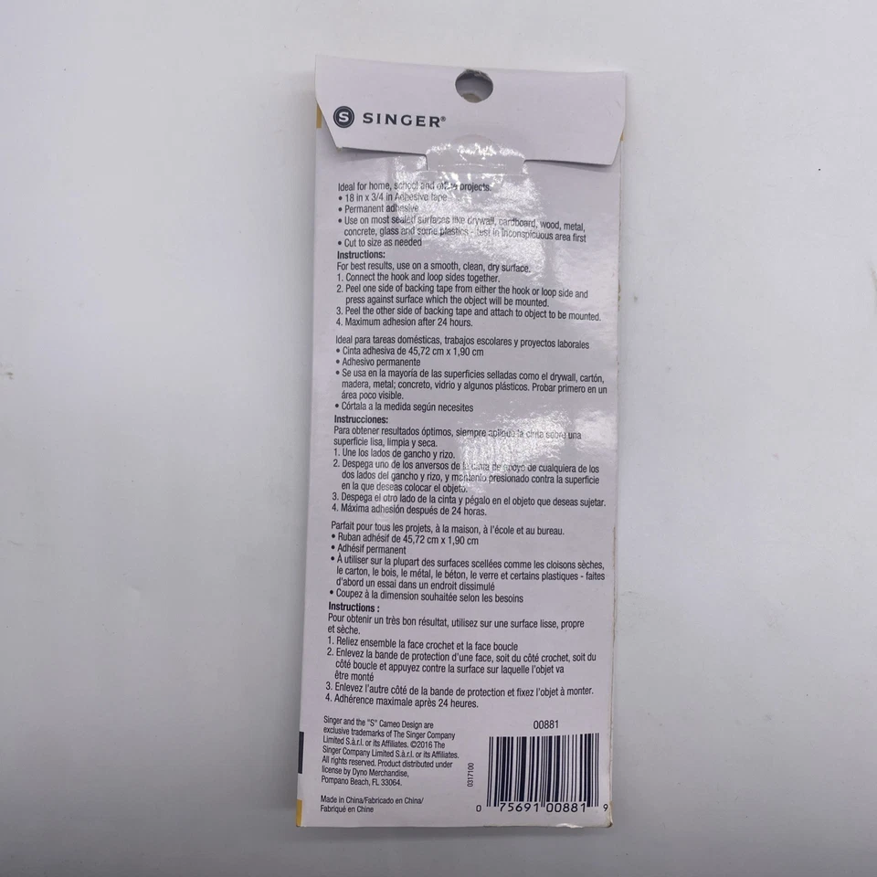 Singer Hook And Loop Adhesive Back Fabric Tape 18" x 3/4"  White NIP - Image 2 of 4