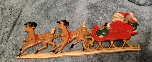 Vintage Santa Sleigh Reindeer Metal Wall Hanging 16" long Christmas Sexton Usa