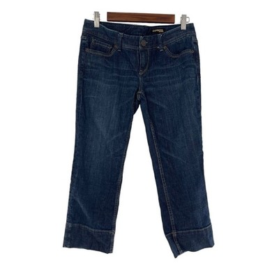 Express Womens Dark Wash Cropped Denim Jeans Wide Cuffs Size 4 Cropped 30x23