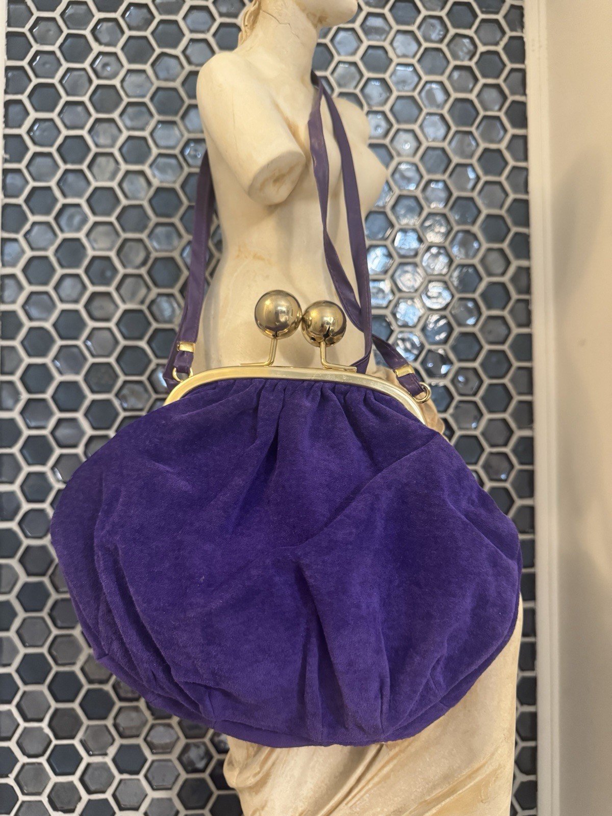 Vintage Purple Suede Cross Body Shoulder Bag with gold hardware.  Made in Italy.