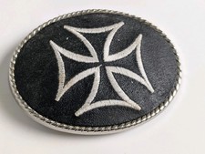 Vintage Style Ivan Taiwan Iron Cross Belt Buckle Black Leather Inlay
