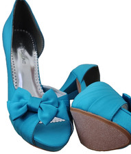 New David's Bridal Sz 7.5  Malibu/ Teal high Heels Satin Open Toe Pumps Formal