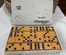 Vintage Bakelite Thick Butterscotch & Black Marblelike Dominoes Set in Box
