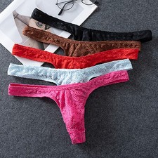 5 Pack Lot Men Thongs Briefs Jacquard Sheer Underwear Low Rise Pouch Underpants