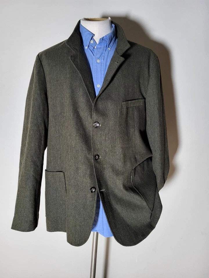 Abrigo Chaqueta Tweed Verde Cuello Nehru Sin Cuello Forro Amarillo Unconstruct 46R XL Foto 2 de 4