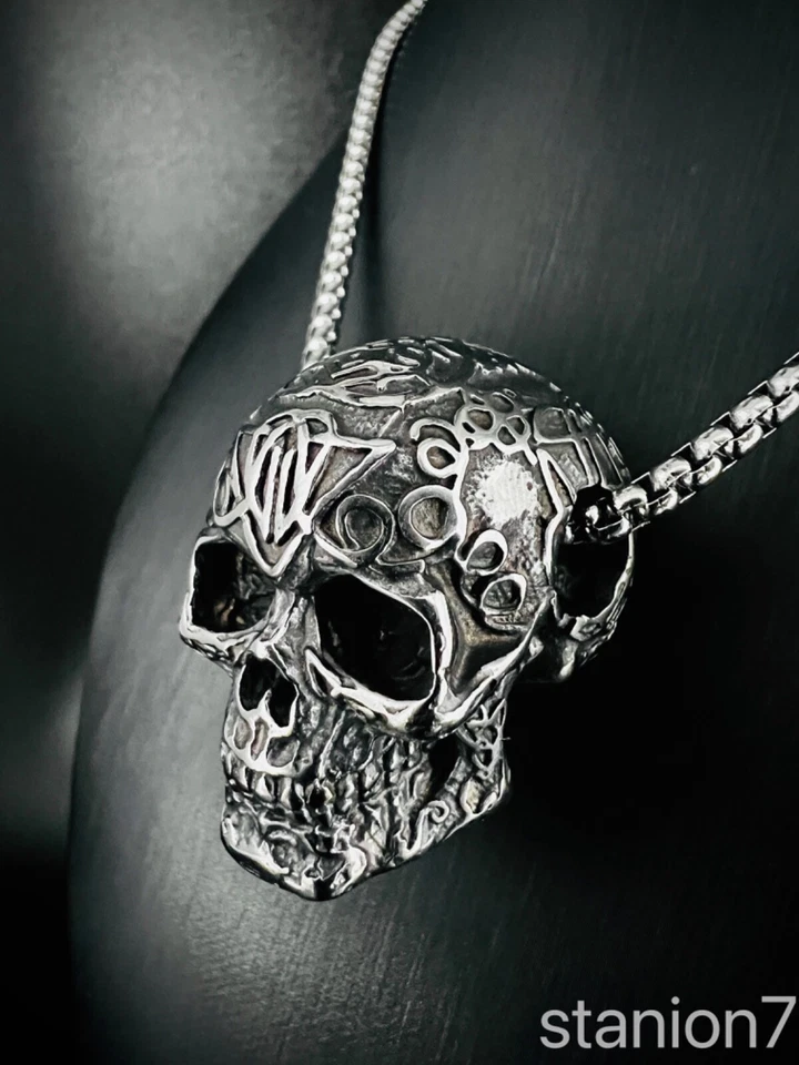 Skull Totenkopf Anhänger Edelstahl Halskette Herren Schmuck Wikinger Biker KE92B - Bild 3 von 4