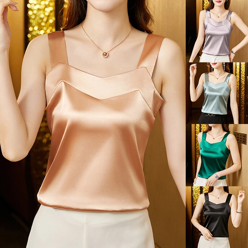 Women's Silk Satin Camisole, Summer Sexy Lace Silk Camisole Spaghetti Strap  Tank Top Vest Ladies Sleeveless Basic Top,White,S (Champagne M)