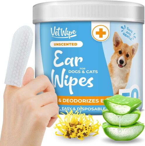 Pet Ear Cleaner Finger 50 Wipes Dog Cat for Itchiness & Odor Control Soothe Dogs