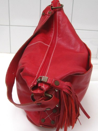LARGE RED LEATHER BAG hobo tote slouch shoulder PUNTOTRES BARCELONA hand red - Picture 8 of 14