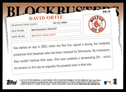 2012 Topps Update David Ortiz #BB-20 Blockbusters Boston Red Sox - Picture 2 of 2