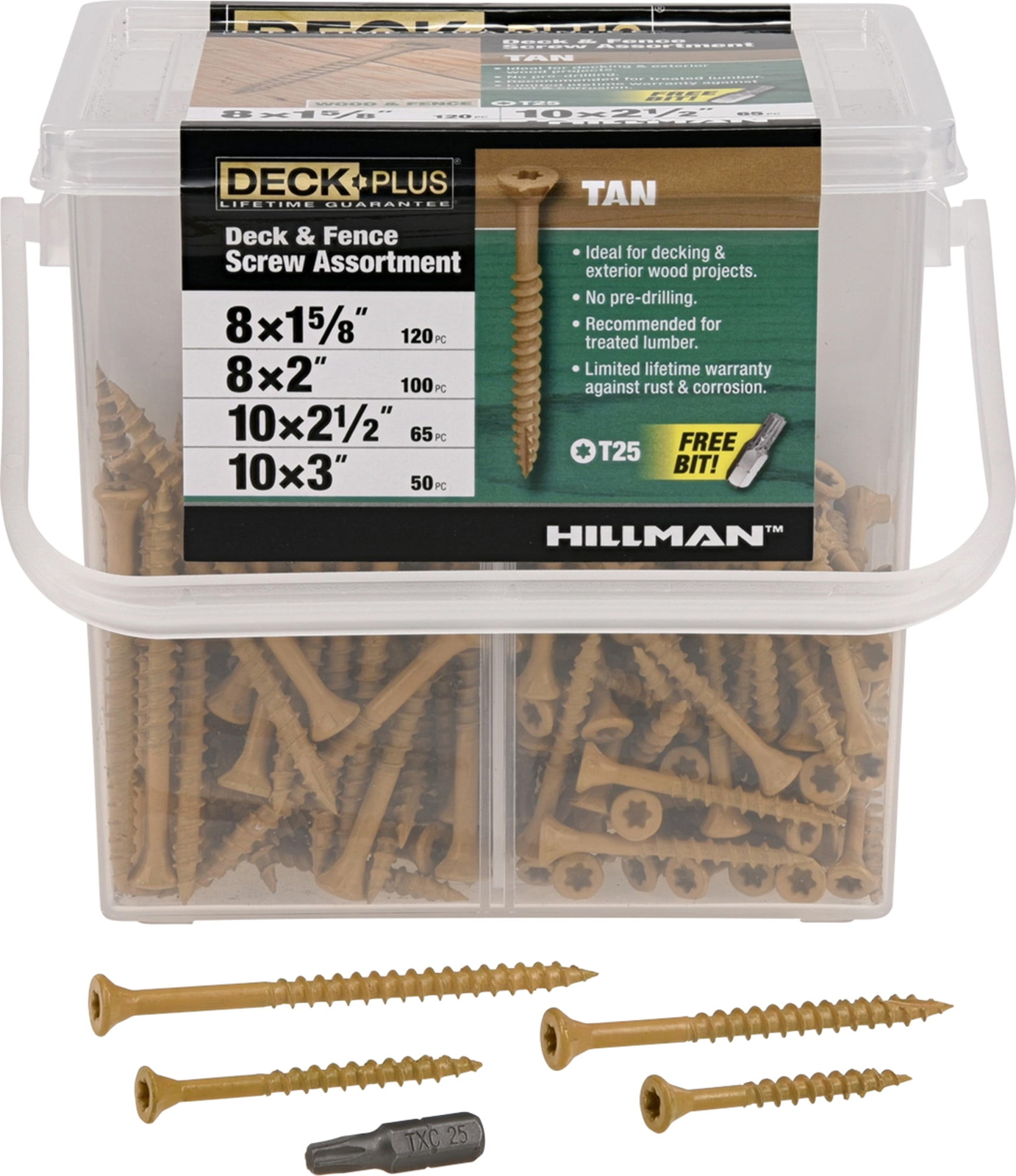 Deck Plus Tan Deck & Fence Screw Assortment, Steel, Various Sizes, 335 Pieces
