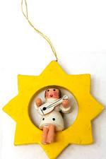 Singing Angel Playing Guitar Christmas Ornament Yellow Wood Handmade Vintage
