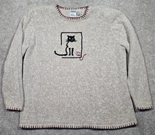CJ Banks 2001 Vtg Hand Embroidered Sweater Black Cat Ramie Cotton Pullover Sz 1X