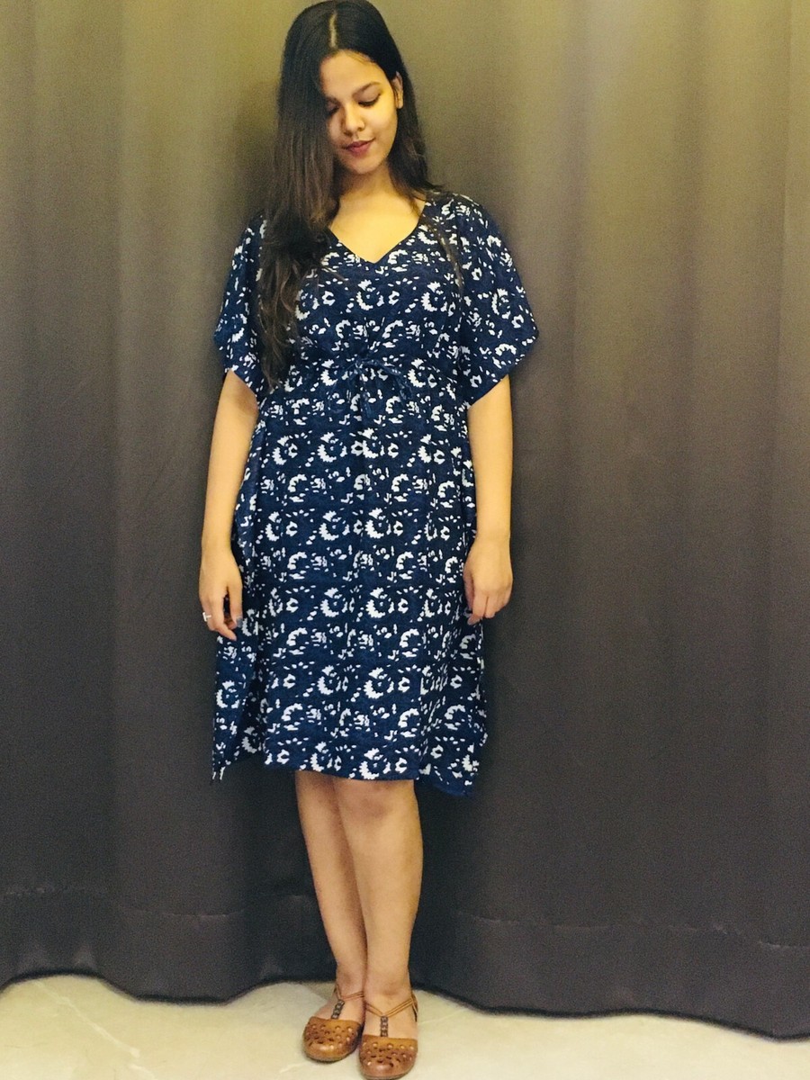 One Size Indigo HandBlock Knee Length Casual Kaftan Beach Wear Caftan Dress  | eBay