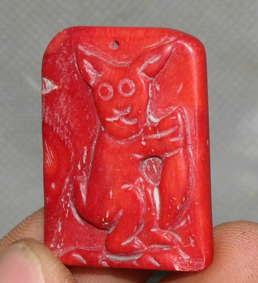 Colgante Amuleto Bestia Dragón Tallado Coral Cultura Hongshan Antigua China Único 3CM Foto 3 de 4