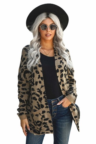 Women Sweater Khaki Leopard Pocketed 