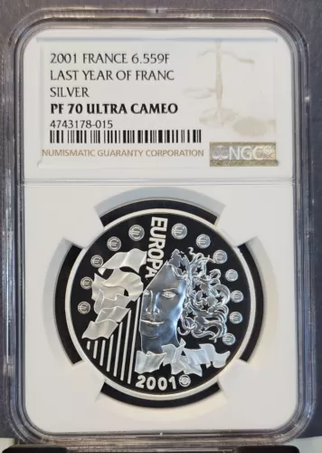 2001 FRANCE SILVER 6.559 FRANCS LAST YEAR OF FRANC NGC PF 70 ULTRA CAMEO PERFECT