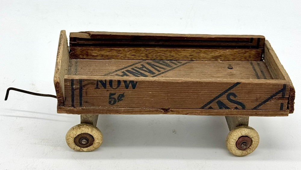 Antique Vintage HANDMADE Toy Wooden Cigar Box Pull Wagon