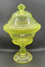 L.G. Wright Pedestal Lidded Compote Vaseline Uranium Canary Yellow Wildflower