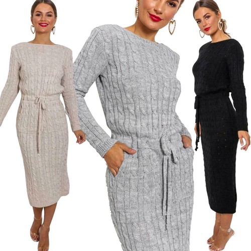 Pocket Tie up Ladies Midi Jumper Dress 
