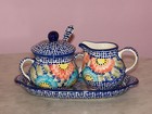 Polish Pottery Cream And Sugar 4 PC Set! UNIKAT Signature Sweet Gypsy Rose!