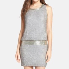 Adrianna Papell Silver Sequin Sleeveless Flapper Party  Dress Size 6