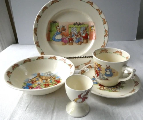 Vtg Royal Doulton Bunnykins Set of 5 Plate Cereal Bowl Egg Cup Mug Saucer EUC