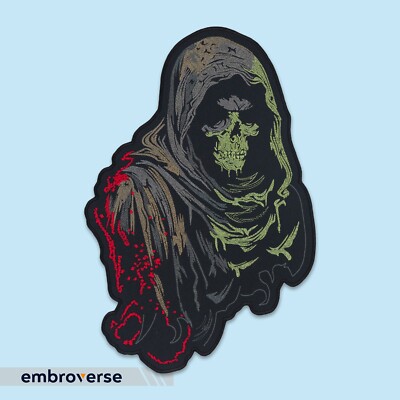 Death Skull Embroidered Back Patch - Large Gothic Grim Reaper, Iron-On