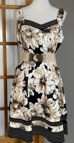 Vtg 90s AGB Women’s A-Line Dress Sz 14 Beige Floral Black Trim Sleeveless Mini - Picture 5 of 13